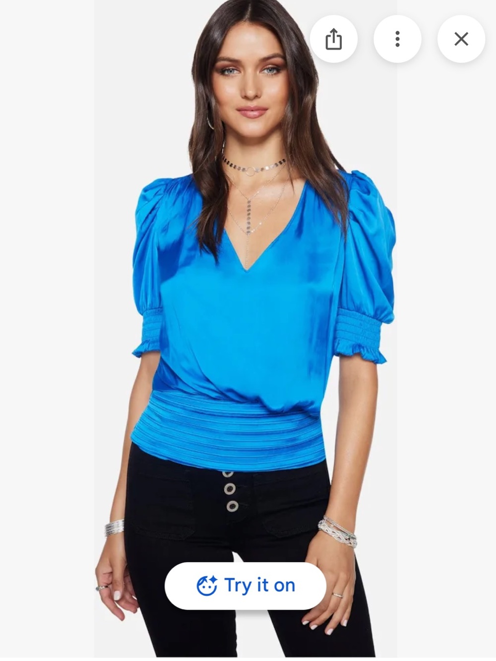Ramy Brook Flora Puff Sleeve Blouse V-Neck Denim Blue Smocked Waist Size SP